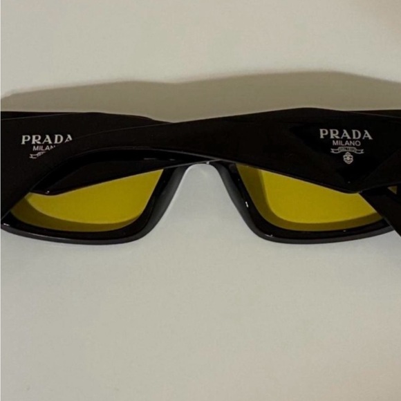 Prada Black Rectangular Geometric Sunglasses with Yellow Lenses